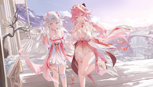 长离,今汐,鸣潮,pdxen,呆毛,露肩,脸红,三股辫,breasts,汉服,发饰,长发,视线正对,粉发,笑顔,超长发,白发,黄色眼