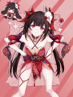 崩坏：星穹铁道,honkai,花火,sparkle,saint_laurent_paris,single,长发,長身像,视线正对,前发,脸红,breasts,茶发,双马尾,cleavage,直刘海,闪烁,少女,手套,铃,仮面