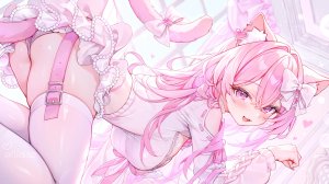 独立虚拟YouTuber,alllisso,四つん這い,兽耳,breasts,猫耳,猫娘,猫尾,长袖,迷你短裙,開口,胖次,粉发,短裙,笑顔,single,丝袜,下着,Vtuber,白丝