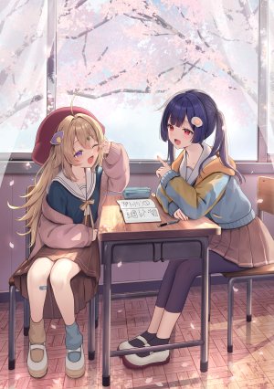 原创,fuyoyo,呆毛,金发,青发,脸红,樱花,发饰,连帽衫,长发,长袖,视线正对,挤眼,開口,花瓣,褶皱裙,紫色眼,红色眼,学校制服,水手服,衬衫,坐姿,短裙,笑顔