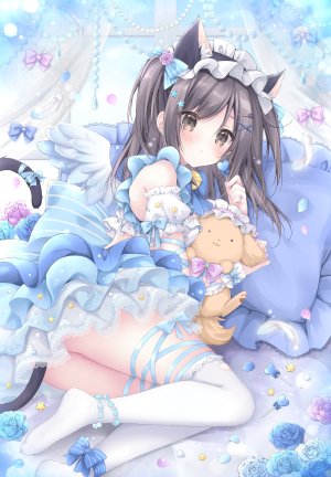 原创,梱枝りこ,兽耳,铃,黑发,脸红,棕色眼,猫耳,猫尾,发饰,holding,长发,视线正对,rose,短裙,single,毛绒玩具,丝袜,白丝,翅膀