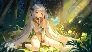 春日野穹,缘之空,偷腥の狄璐卡,绷带,blood,项圈,CUFFS,全身,绿色眼,灰发,长发,视线正对,坐姿,single,双马尾,超长发