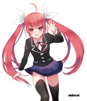 五河琴里,DATE·A·LIVE,madara_sai,呆毛,黑丝,衬衫,长发,长袖,视线正对,迷你短裙,開いた口,红色眼,缎带,学校制服,短裙,笑顔,single,白背景,絶対領域