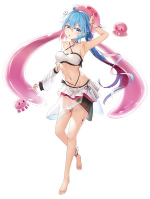 原创,minoominoomi,呆毛,前发,裸足,水着,碧眼,青发,胸部,cleavage,全身,包子头,长发,视线正对,横乳,迷你短裙,露脐,開いた口,缎带,短裙,single,泳装,白背景