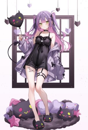 常暗トワ,Hololive,sa-ya2,breasts,项圈,恶魔娘,全身,绿色眼,发饰,holding,长发,视线正对,睡衣,粉发,尖耳,紫发,single,tattoo,Vtuber