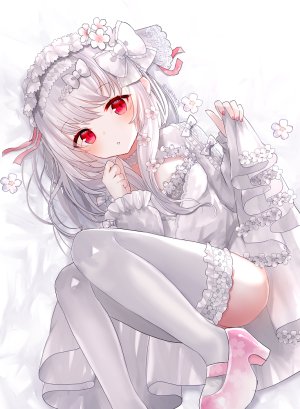 原创,sakipsakip,脸红,胸部,樱花,连衣裙,发饰,长发,长袖,视线正对,横臥,横乳,红色眼,缎带,短裙,single,黑丝,婚纱,白发,白丝