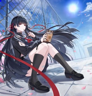 鸣潮,千咲,ssong990,single,长发,長身像,前发,黑发,红色眼,坐姿,holding,天空,全身,直刘海,风,阴影,少女,制服,项圈,花瓣,水手服