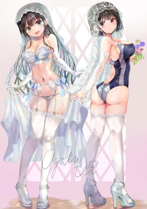 原创,緒方てい,露肩,黑发,碧眼,脸红,breasts,茶发,長手袋,吊带袜,手套,holding,lingerie,长发,视线正对,露脐,開口,胖次,笑顔,泳装,丝袜,下着,白丝