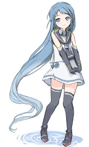 艦隊これくしょん,poipoi_purin,前发,黑丝,碧眼,青发,長手袋,全身,手套,长发,学校制服,水手服,短裙,笑顔,single,白背景,絶対領域