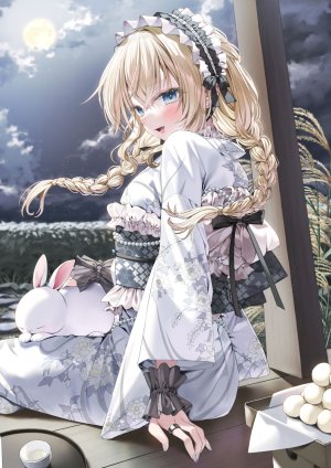 原创,やな森,金发,碧眼,脸红,三股辫,和服,长发,视线正对,回头看,オビ,開口,指环,坐姿,single,月见,超长发