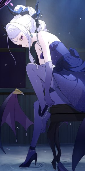 蔚蓝档案,空崎ヒナ,hina,keidai,single,长发,長身像,视线正对,坐姿,紫色眼,全身,马尾辫,少女,连衣裙,手套,裤袜,長手袋,光晕,项链