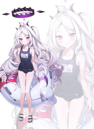 rangu,日奈,空崎ヒナ,蔚蓝档案,呆毛,恶魔娘,全身,发饰,光晕,长发,视线正对,紫色眼,死库水,single,泳装,白发,翅膀