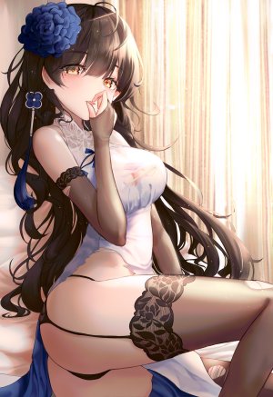 少女前線,bbeedol,呆毛,露肩,脸红,胸部,茶发,吊带袜,发饰,巨乳,长发,视线正对,胖次,single,爆衣,下着,weapon