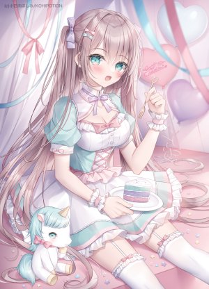 原创,小日向ほしみ,围裙,脸红,breasts,茶发,cleavage,连衣裙,绿色眼,holding,长发,视线正对,坐姿,笑顔,single,丝袜,超长发,白丝