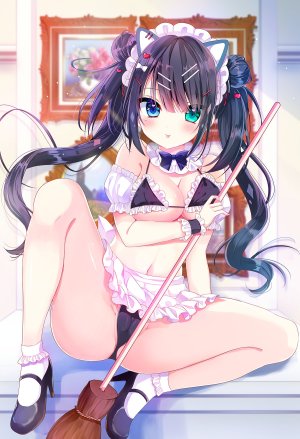 原创,師走ほりお,兽耳,露肩,水着,黑发,碧眼,脸红,领结,breasts,猫耳,cleavage,项圈,绿色眼,发饰,holding,长发,视线正对,女仆,露脐,胖次,褶皱裙,短裙,笑顔,single,泳装