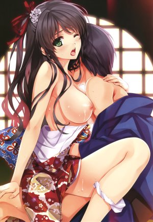 COMIC阿吽,深崎暮人,乳晕,黑发,脸红,露胸,绿色眼,发饰,和服,巨乳,长发,视线正对,nipples,No-Bra,闭只眼,開いた口,胖次,panty_pull,坐姿,topless,下着,r-18