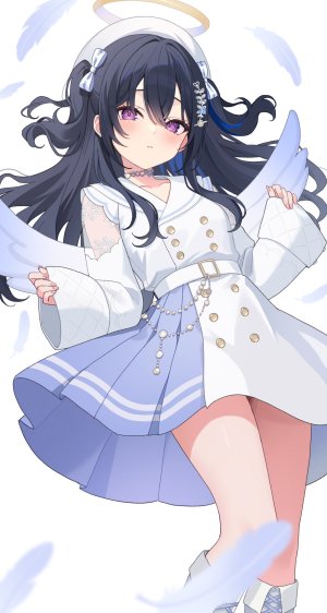 一ノ瀬うるは,vspo!,lupinus_virtual_games,北乃ゆきと,黑发,青发,脸红,项圈,连衣裙,羽毛,发饰,光晕,长发,长袖,紫色眼,single,Vtuber,白背景,翅膀