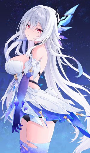 kanora,スカーク,原神,露肩,breasts,连衣裙,長手袋,手套,长发,视线正对,红色眼,single,丝袜,超长发,白发