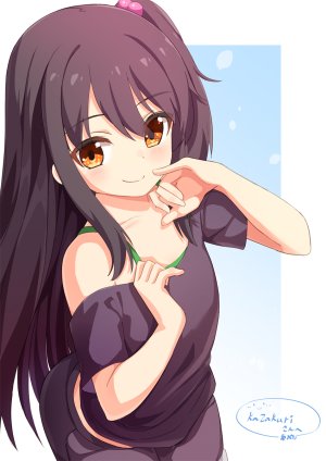 ame.,前发,露肩,黑发,脸红,棕色眼,发饰,长发,衬衫,笑顔,single