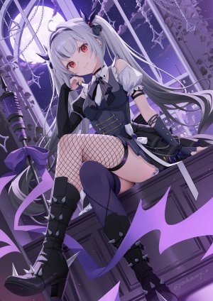 原创,yoshinoryo,露肩,黑发,breasts,连衣裙,長手袋,手套,灰发,视线正对,红色眼,衬衫,坐姿,天空,笑顔,single,丝袜,双马尾