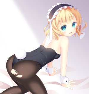 桐间纱路,请问您今天要来点兔子吗?,倉澤京章,兽耳,前发,露肩,黑丝,金发,直刘海,胸部,兔耳,视线正对,回头看,開いた口,短发,貧乳,single,爆衣