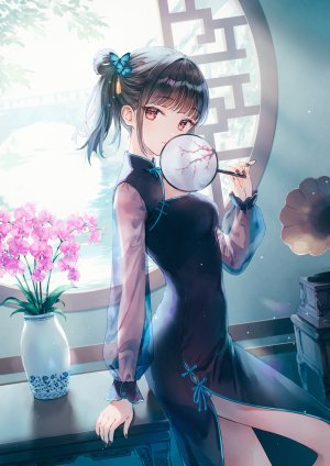 原创,電撃萌王,hiten,single,長身像,视线正对,前发,短发,黑发,红色眼,holding,直刘海,传统服装,汉服,少女,发饰