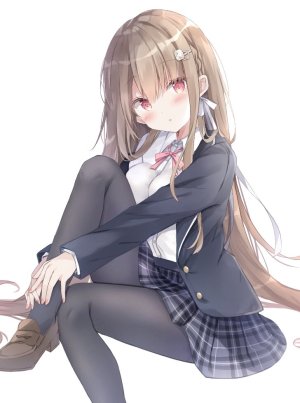 佐伯ソラ,前发,黑丝,脸红,胸部,茶发,衬衫,发饰,长发,长袖,视线正对,横乳,红色眼,缎带,坐姿,短裙,single