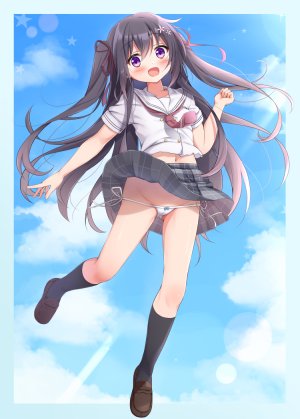 原创,みかミシェ,黑发,脸红,全身,kneehighs,长发,视线正对,露脐,開口,胖次,褶皱裙,紫色眼,学校制服,水手服,衬衫,短裙,掀裙,天空,single,下着,超长发,风