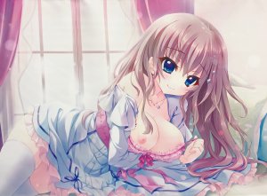 九條都,9-nine-,和泉つばす,輪チラ,碧眼,脸红,bra,breasts,茶发,cleavage,连衣裙,长发,长袖,视线正对,横臥,项链,nipples,笑顔,single,丝袜,下着,白丝,絶対領域,露胸