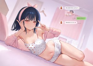 原创,mignon,露肩,黑发,脸红,bra,breasts,cleavage,lingerie,视线正对,横臥,露脐,胖次,红色眼,缎带,短发,single,下着