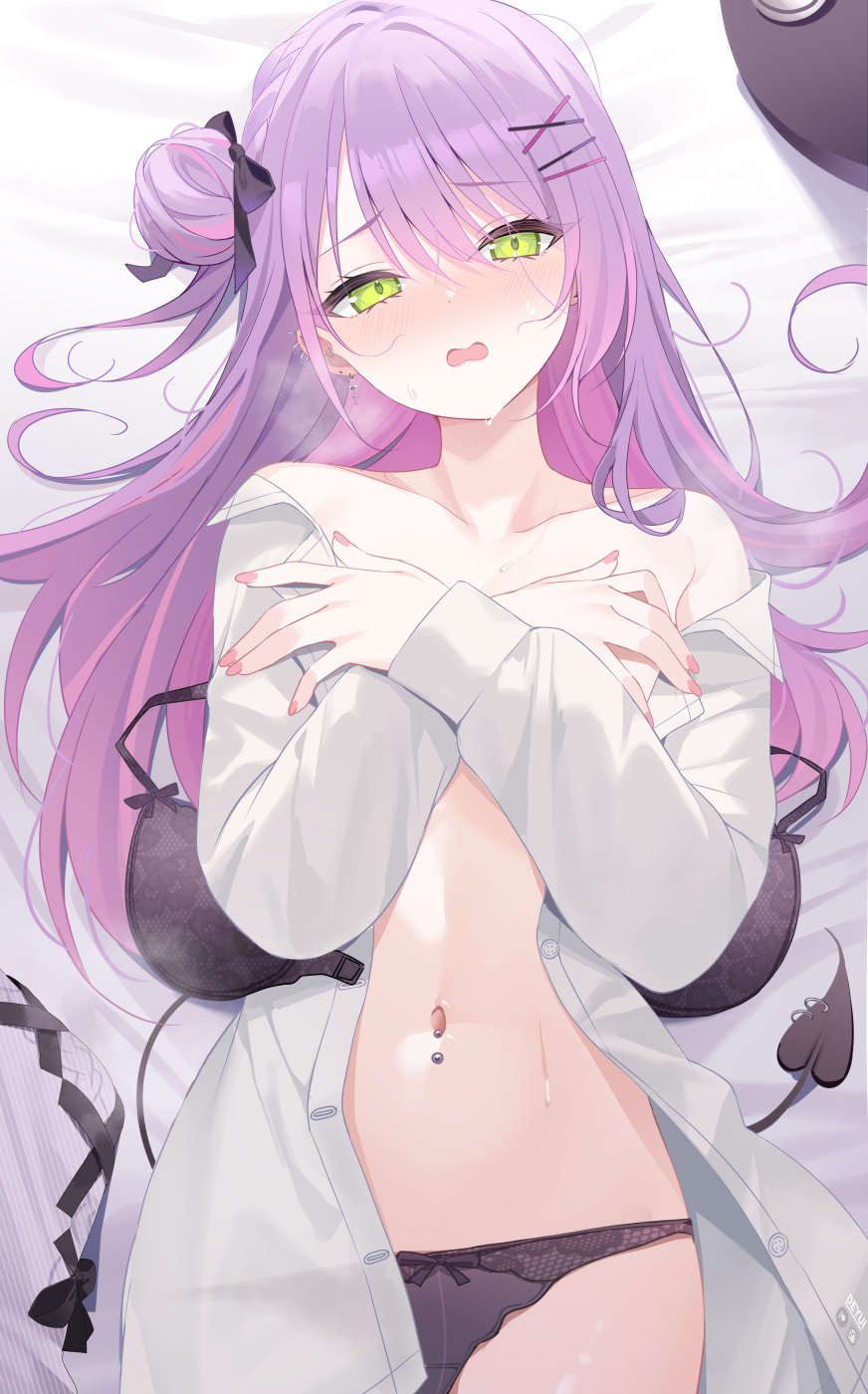 常暗トワ Hololive デユイ 脸红 Bra 恶魔娘 绿色眼 包子頭