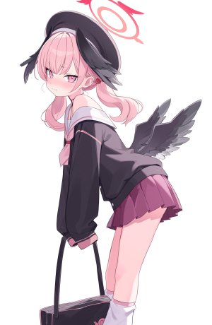 下江コハル,蔚蓝档案,北乃ゆきと,脸红,光晕,holding,长发,视线正对,迷你短裙,粉发,褶皱裙,衬衫,短裙,single,双马尾,白背景,翅膀