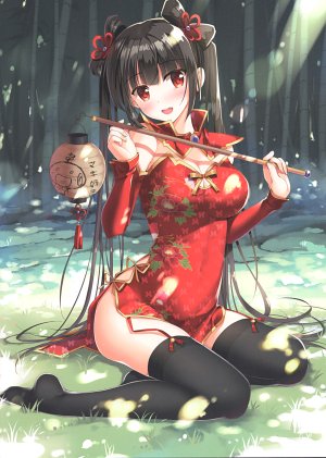 原创,Sousouman,前发,露肩,黑发,黑丝,脸红,胸部,蝴蝶,汉服,cleavage,连衣裙,全身,发饰,holding,ランターン,巨乳,长发,视线正对,開いた口,红色眼,坐姿,笑顔,single,双马尾