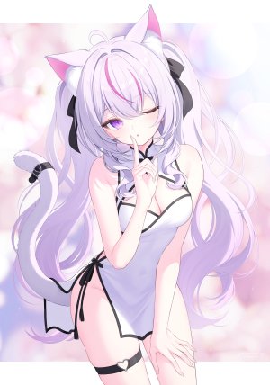 原创,Snow_is_,呆毛,兽耳,露肩,脸红,breasts,猫耳,猫娘,猫尾,汉服,cleavage,连衣裙,长发,视线正对,挤眼,粉发,紫色眼,single,超长发,白发