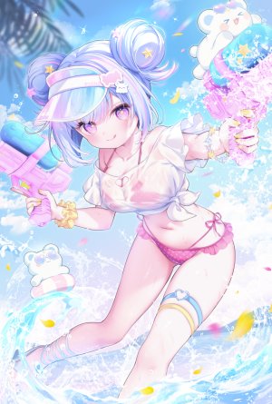 hoshifuru_ameru,独立虚拟YouTuber,小町ぽち,水着,青发,脸红,breasts,cleavage,双团子头,包子頭,holding,视线正对,露脐,粉发,紫色眼,衬衫,天空,single,泳装,Vtuber,湿身