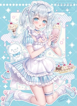 原创,小日向ほしみ,兽耳,围裙,碧眼,青发,脸红,breasts,项圈,cleavage,连衣裙,发饰,holding,冰淇淋,视线正对,霜淇淋,開口,single,毛绒玩具,泰迪熊,女服务生