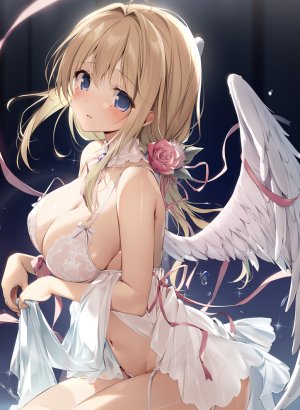 karory,原创,露肩,金发,碧眼,脸红,bra,breasts,项圈,cleavage,发饰,长发,视线正对,露脐,開口,胖次,马尾辫,rose,坐姿,single,下着,翅膀