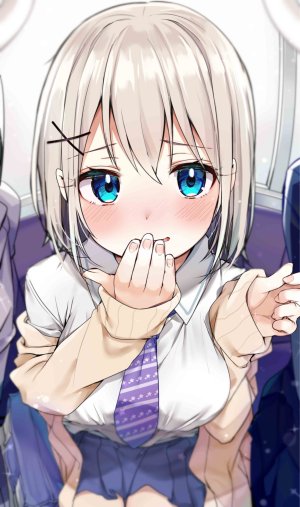 原创,rouka,金发,碧眼,脸红,胸部,发饰,巨乳,长袖,视线正对,開いた口,学校制服,衬衫,短发,坐姿,短裙,天空