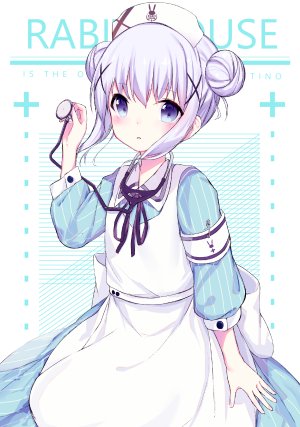 香風智乃,请问您今天要来点兔子吗?,aoeaoi,围裙,碧眼,青发,脸红,双团子头,连衣裙,发饰,holding,长袖,缎带,短发,single,白背景