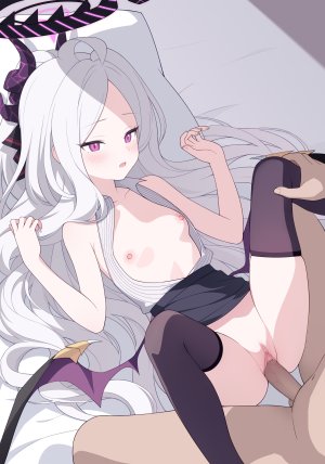 jyt,日奈,蔚蓝档案,黑丝,breasts,censored,灰发,光晕,萝莉,长发,横臥,nipples,紫色眼,短裙,丝袜,超长发,翅膀