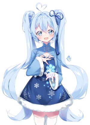 初音ミク,雪ミク,VOCALOID,arami_o_8,呆毛,脸红,汉服,连衣裙,holding,长发,视线正对,開いた口,缎带,笑顔,single,黑丝,双马尾,白背景,白丝