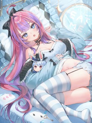 kikirara_vivi,兎田ぺこら,Hololive,hololive_dev_is,runlan_0329,呆毛,碧眼,breasts,cleavage,长发,长袖,视线正对,横臥,露脐,開口,粉发,紫发,缎带,single,丝袜,Vtuber