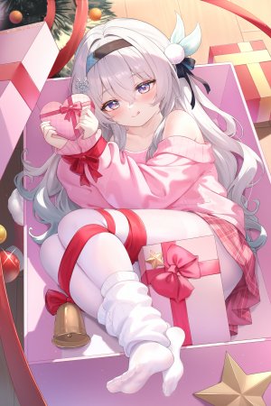 崩坏：星穹铁道,KuroiDa,脸红,圣诞节,绿发,灰发,发饰,holding,长发,视线正对,裤袜,缎带,短裙,笑顔,针织衫