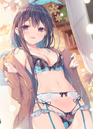 原创,みわべさくら,露肩,黑发,胸部,棕色眼,cleavage,吊带袜,lingerie,长发,视线正对,横乳,露脐,開いた口,缎带,笑顔,single,下着
