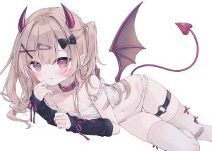 原创,hoshi,创可贴,露肩,脸红,茶发,项圈,恶魔娘,发饰,长发,长袖,视线正对,胖次,紫色眼,红色眼,笑顔,single,丝袜,下着,白背景,白丝,翅膀