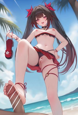 花火,崩坏：星穹铁道,CC_Lin,海滩,铃,水着,黑发,breasts,censored,足交,holding,长发,露脐,nipples,紫色眼,猫咪,天空,泳装,双马尾,超长发