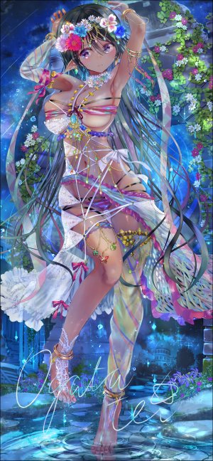 原创,緒方てい,黑发,手镯,breasts,长发,露脐,尖耳,丝袜