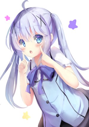 香風智乃,请问您今天要来点兔子吗?,夏奈なつ,呆毛,前发,碧眼,青发,脸红,长发,视线正对,開いた口,衬衫,短裙,single,双马尾,制服,女服务生,白背景