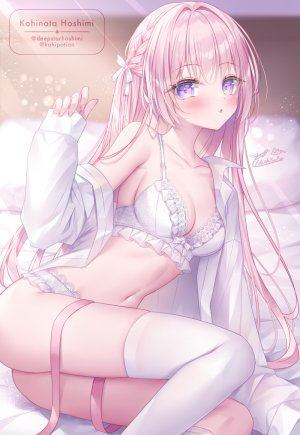 原创,小日向ほしみ,脸红,bra,breasts,cleavage,长发,露脐,開口,胖次,粉发,紫色眼,衬衫,丝袜,下着,白丝