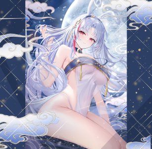 碧蓝航线,age_fx,兽耳,脸红,breasts,灰发,长发,视线正对,胖次,红色眼,坐姿,笑顔,single,下着,超长发